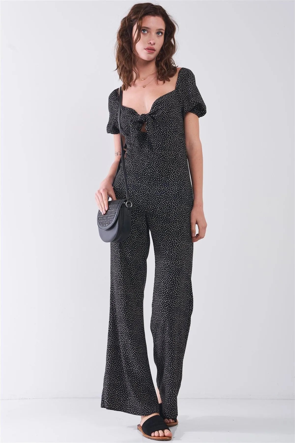 Black & White Polka Dot Sweetheart Neck With Self-Tie Detail Wide Leg Jumpsuit /3-2-1 - Tasha Apparel Wholesale