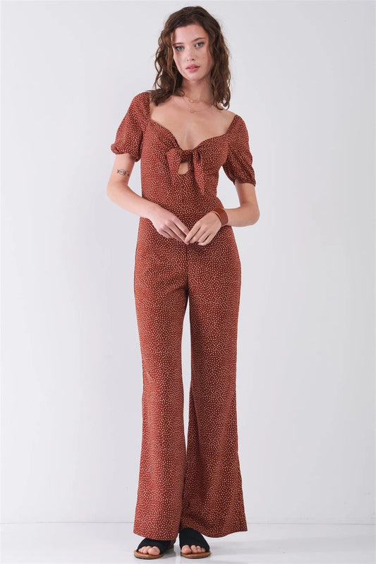 Rust & White Polka Dot Sweetheart Neck With Self-Tie Detail Wide Leg Jumpsuit /3-2-1 - Tasha Apparel Wholesale