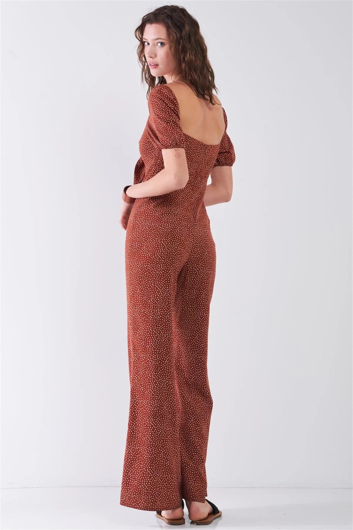 Rust & White Polka Dot Sweetheart Neck With Self-Tie Detail Wide Leg Jumpsuit /3-2-1 - Tasha Apparel Wholesale