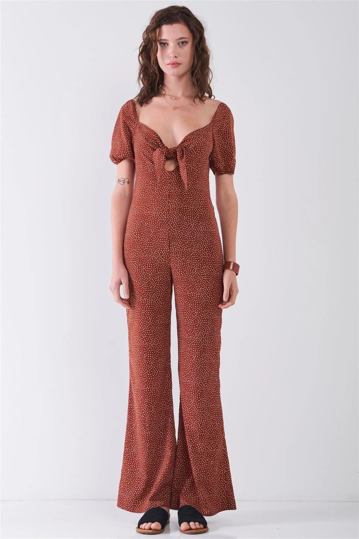 Rust & White Polka Dot Sweetheart Neck With Self-Tie Detail Wide Leg Jumpsuit /3-2-1 - Tasha Apparel Wholesale