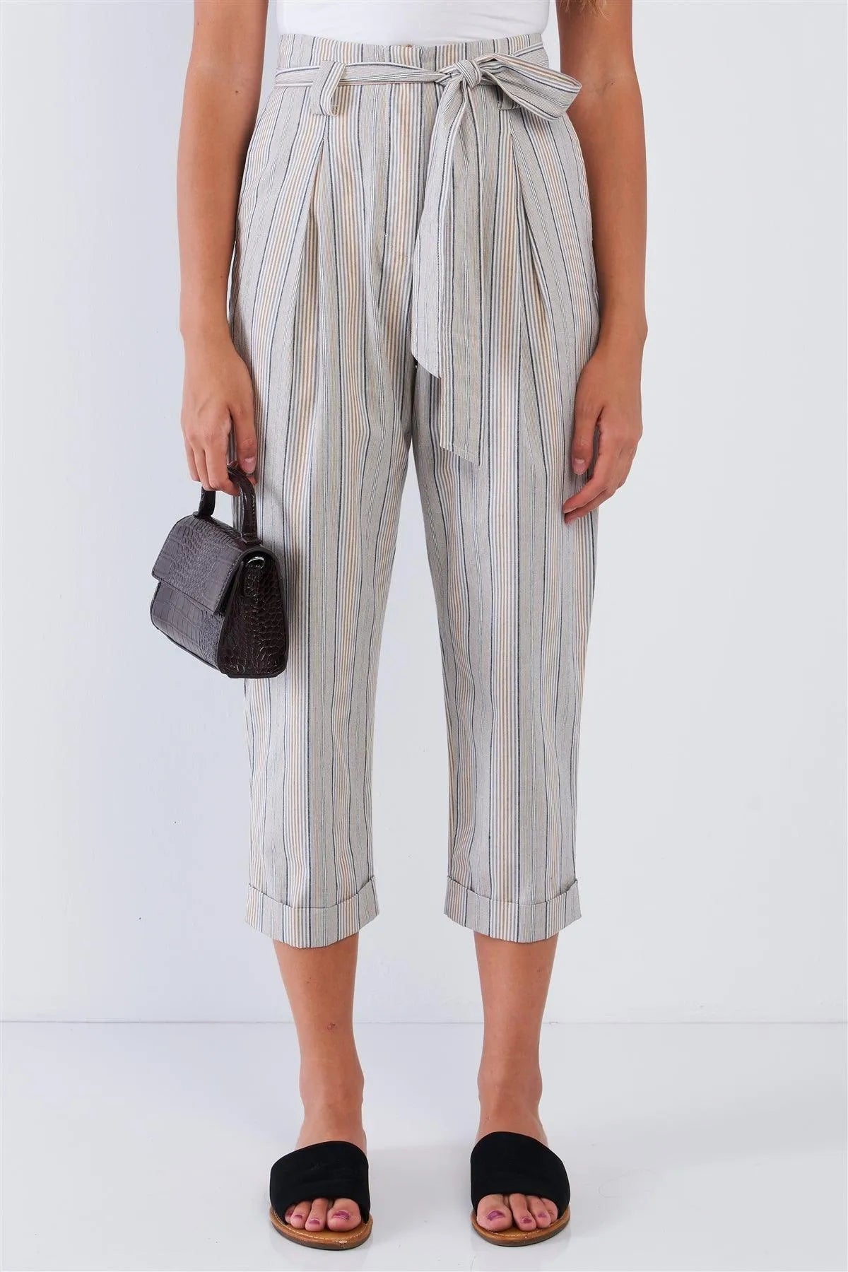 Natural Navy Taupe Striped High Waisted Tapered Folded Hem Pant /2-2-2 - Tasha Apparel Wholesale