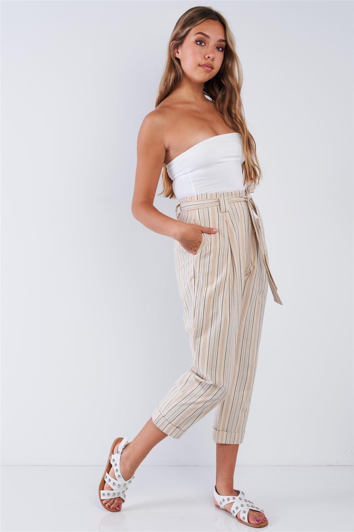 Natural Yellow Taupe Striped High Waisted Tapered Folded Hem Pant /2-2-2