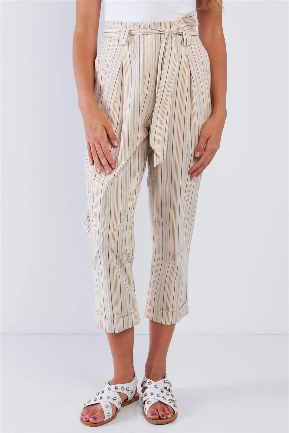 Natural Striped High Waisted Tapered Folded Hem Pants - Tasha Apparel Wholesale