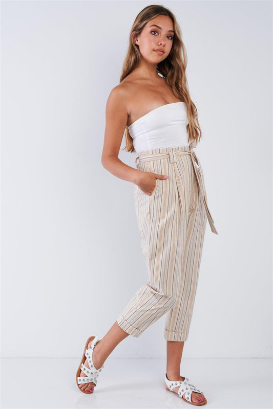 Natural Yellow Taupe Striped High Waisted Tapered Folded Hem Pant