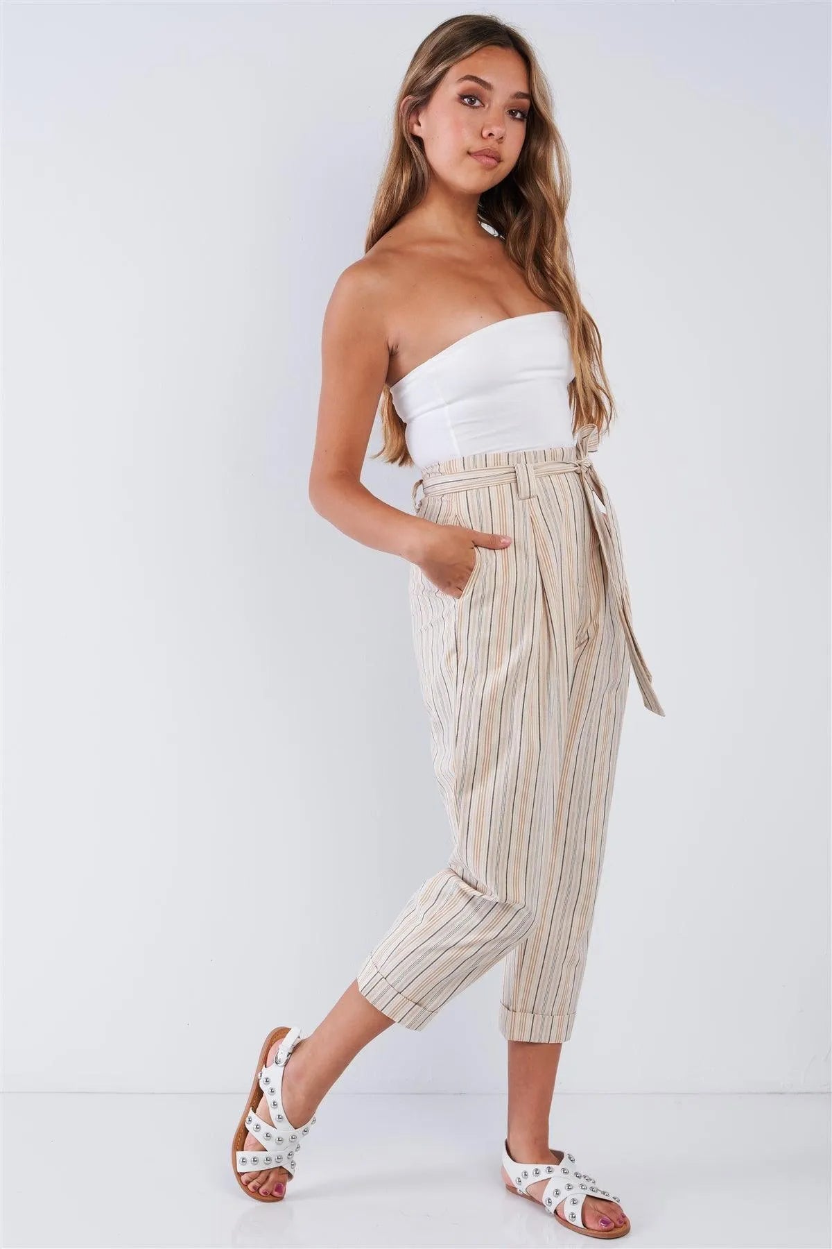 Natural Striped High Waisted Tapered Folded Hem Pants - Tasha Apparel Wholesale