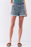 Dark Washed Denim Vintage High-Waisted Round Buckle Belt Folded Hem Shorts /3-2-1 - Tasha Apparel Wholesale
