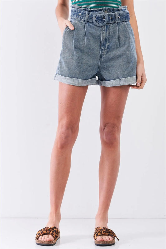 Dark Washed Denim Vintage High-Waisted Round Buckle Belt Folded Hem Shorts /3-2-1 - Tasha Apparel Wholesale