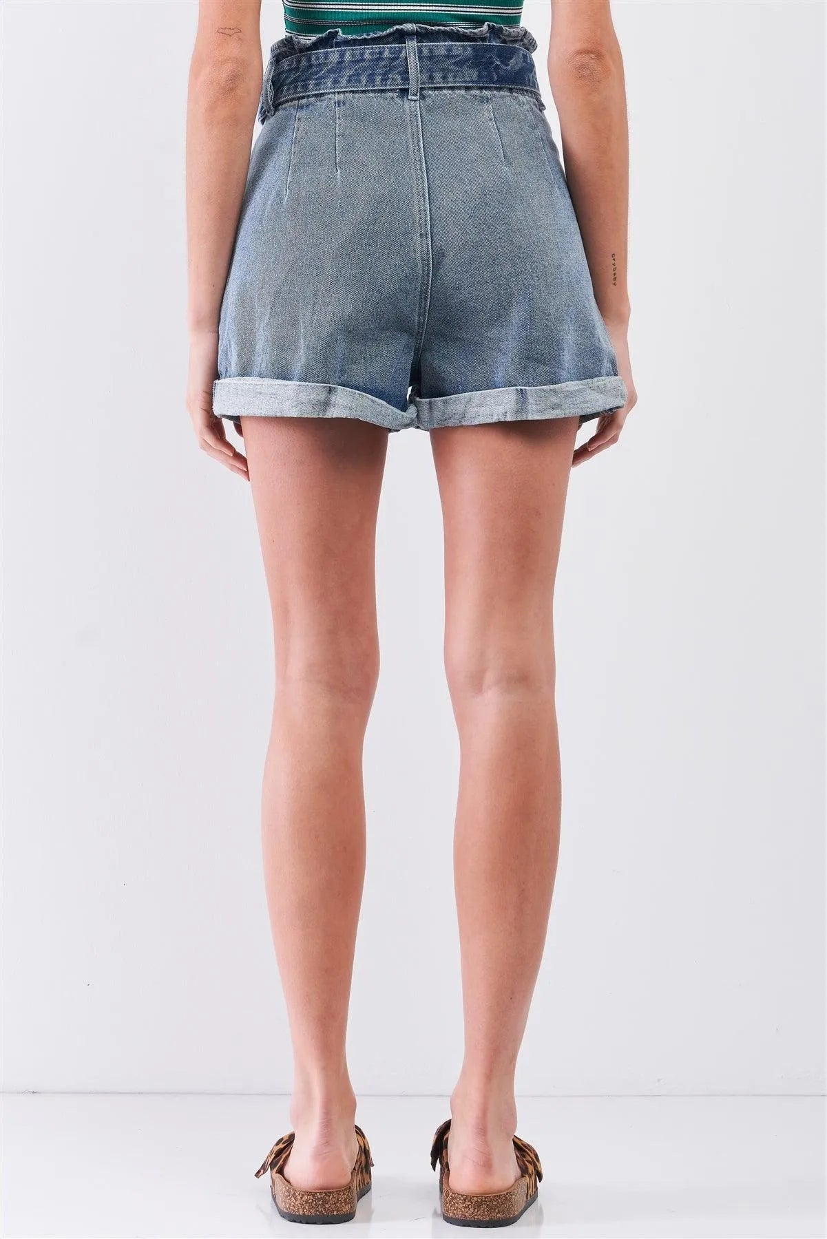 Dark Washed Denim Vintage High-Waisted Round Buckle Belt Folded Hem Shorts /3-2-1 - Tasha Apparel Wholesale
