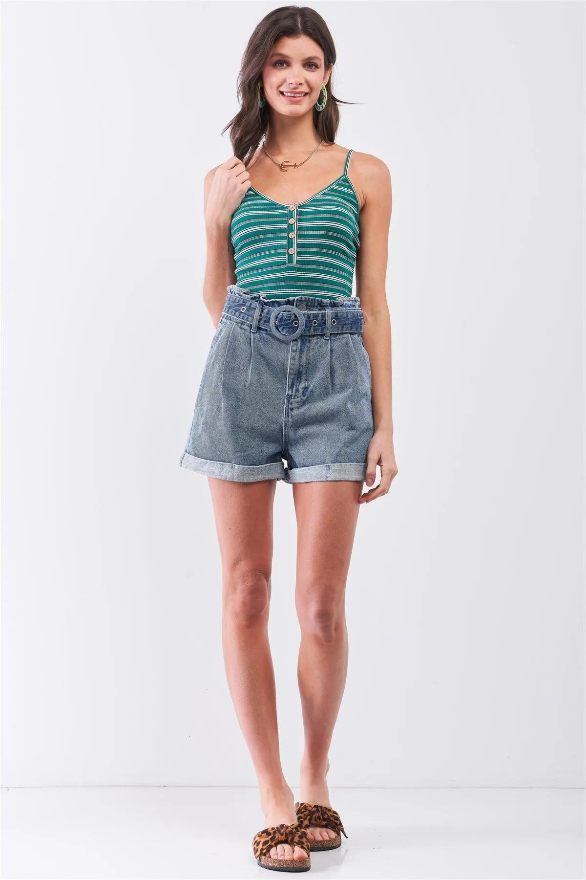 Dark Washed Denim Vintage High-Waisted Round Buckle Belt Folded Hem Shorts /3-2-1 - Tasha Apparel Wholesale