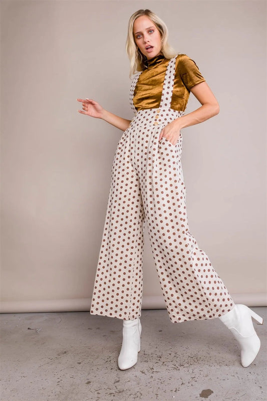 Ivory & Brown Polkadot Pleated Maxi Wide Leg Jumpsuit Overall /2-2-2 - Tasha Apparel Wholesale