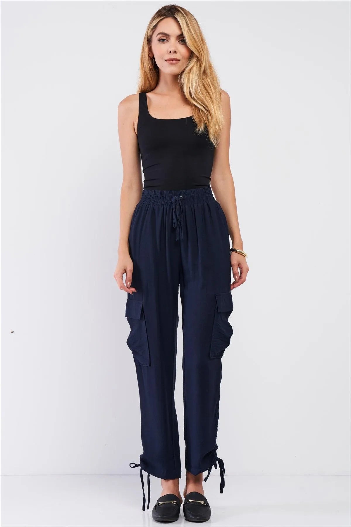 Navy Elastic Draw String Tie High Waist Two Side Leg Pockets Self-Tie Bottom Drawstring Jogger Pants /1-2-2 - Tasha Apparel Wholesale