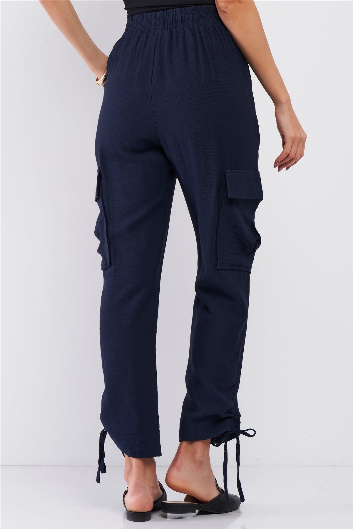 Navy Elastic Draw String Tie High Waist Two Side Leg Pockets Self-Tie Bottom Drawstring Jogger Pants /1-2-2