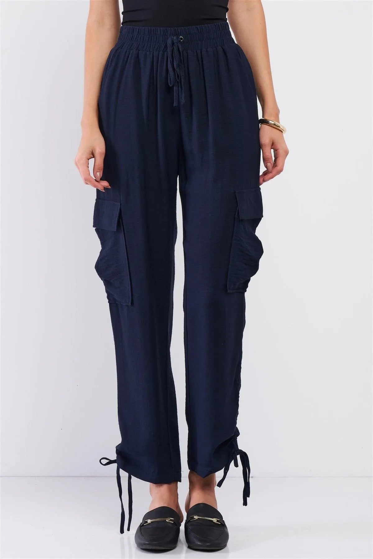 Navy Elastic Draw String Tie High Waist Two Side Leg Pockets Self-Tie Bottom Drawstring Jogger Pants /1-2-2 - Tasha Apparel Wholesale