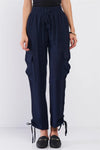 Navy Elastic Draw String Tie High Waist Two Side Leg Pockets Self-Tie Bottom Drawstring Jogger Pants /2-2-2 - Tasha Apparel Wholesale