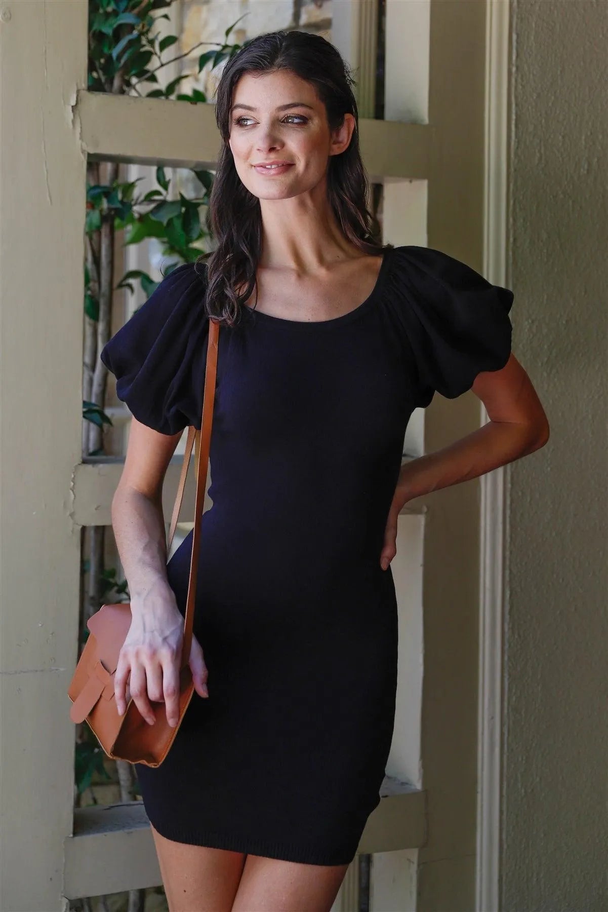 Black Knit Short Balloon Sleeve Bodycon Mini Dress /3-2-2 - Tasha Apparel Wholesale