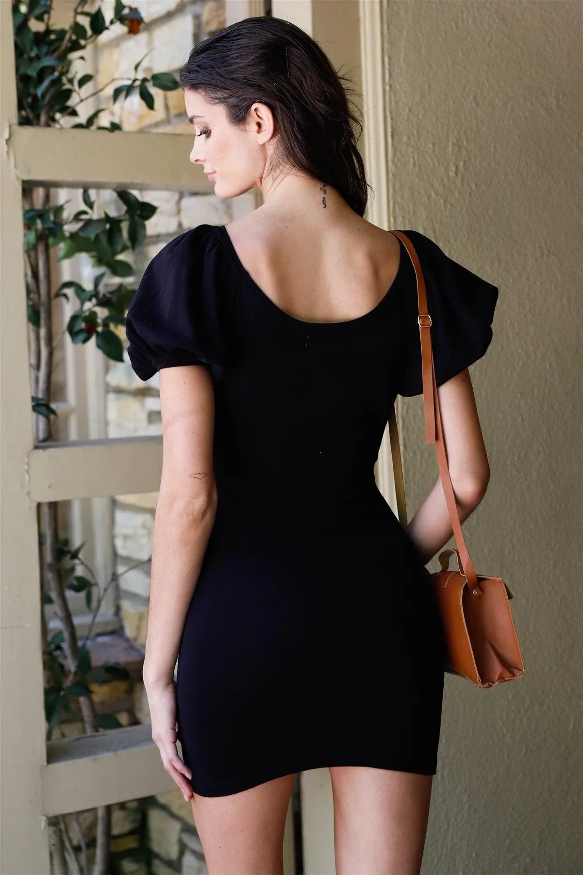 Black Knit Short Balloon Sleeve Bodycon Mini Dress /3-2-2 - Tasha Apparel Wholesale