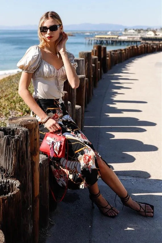 Black Multi Color Print Semi-Sheer Chiffon U-Shape Hem Midi Skirt /2-2-2 - Tasha Apparel Wholesale