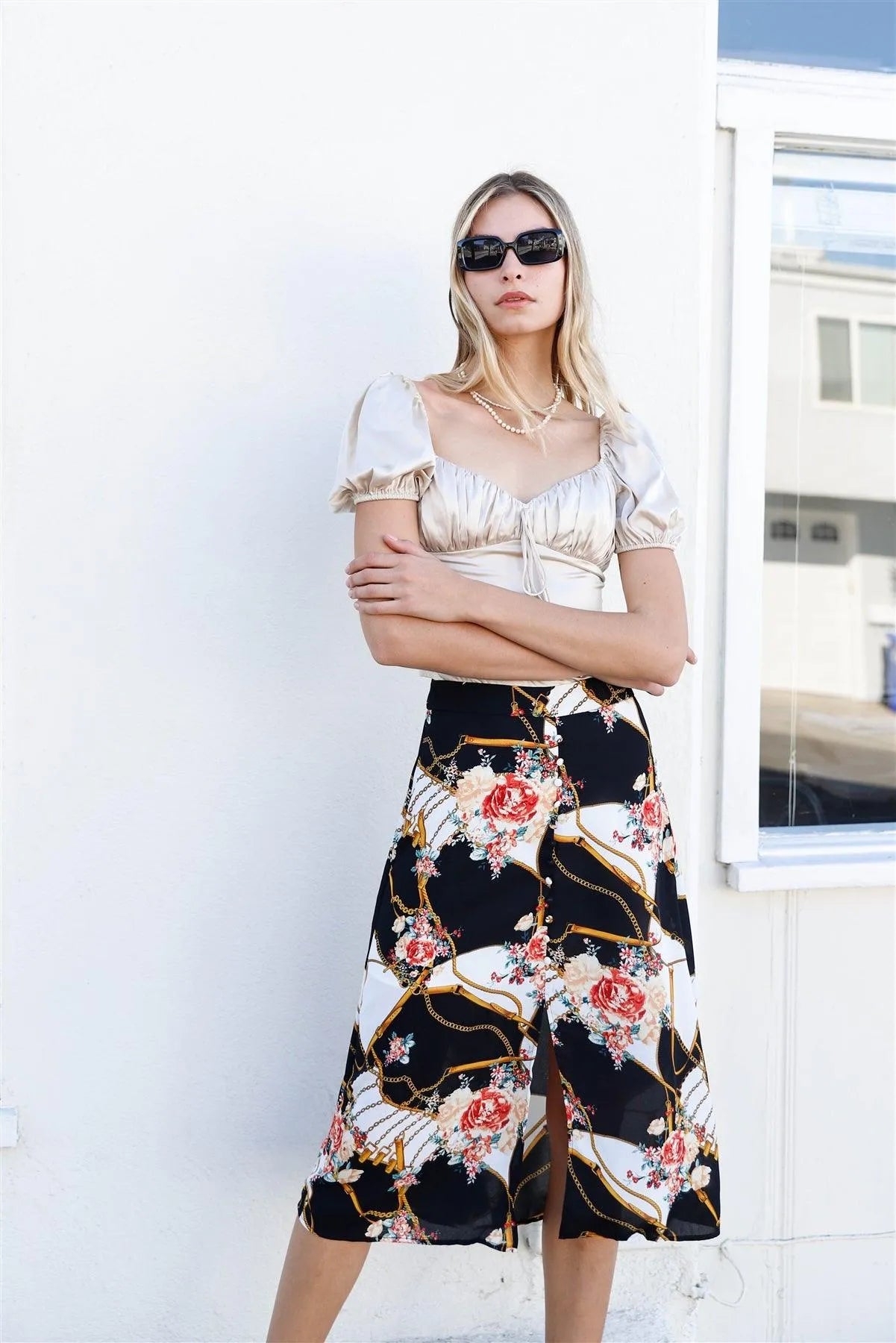 Black Multi Color Print Semi-Sheer Chiffon U-Shape Hem Midi Skirt /2-2-2 - Tasha Apparel Wholesale