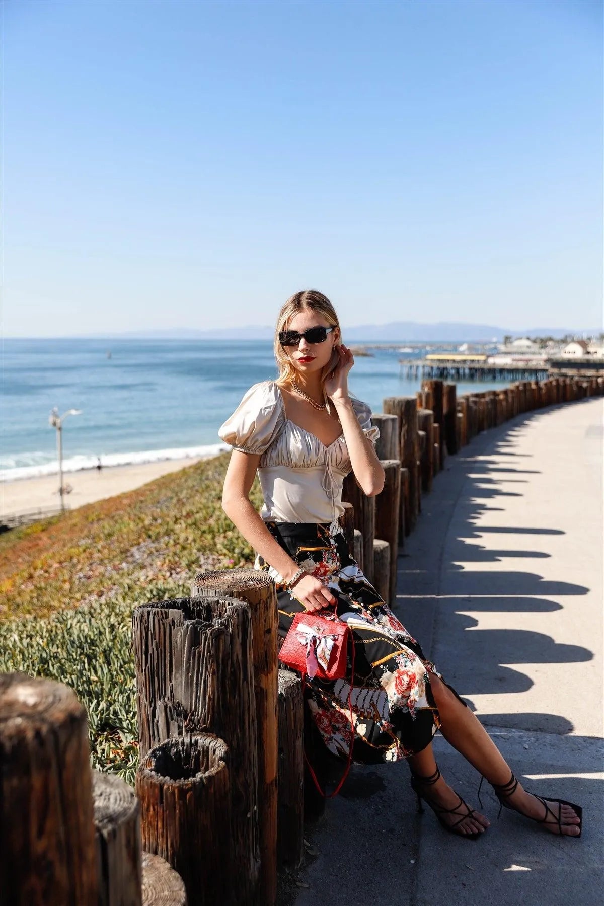 Black Multi Color Print Semi-Sheer Chiffon U-Shape Hem Midi Skirt /2-2-2 - Tasha Apparel Wholesale