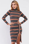Charcoal Ribbed Long Sleeve Side Button Trim Detail Turtleneck Fitted Mini Dress /3-2-1 - Tasha Apparel Wholesale