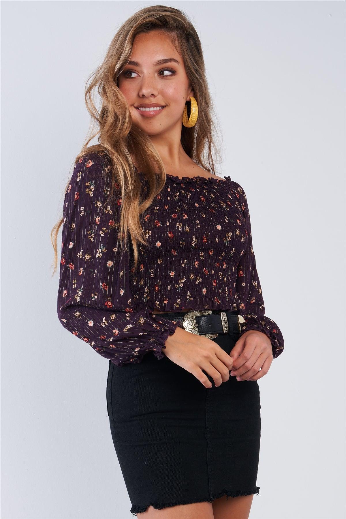 Plum Purple Long Sleeve Square Neck Gold Pin Stripped Floral Print Crop Top
