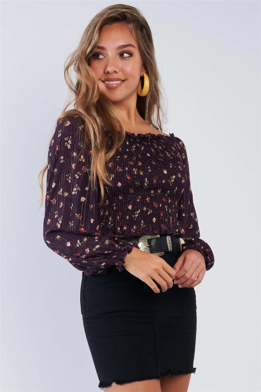 Plum Purple Square Neck Gold Pin Floral Crop Top - Tasha Apparel Wholesale