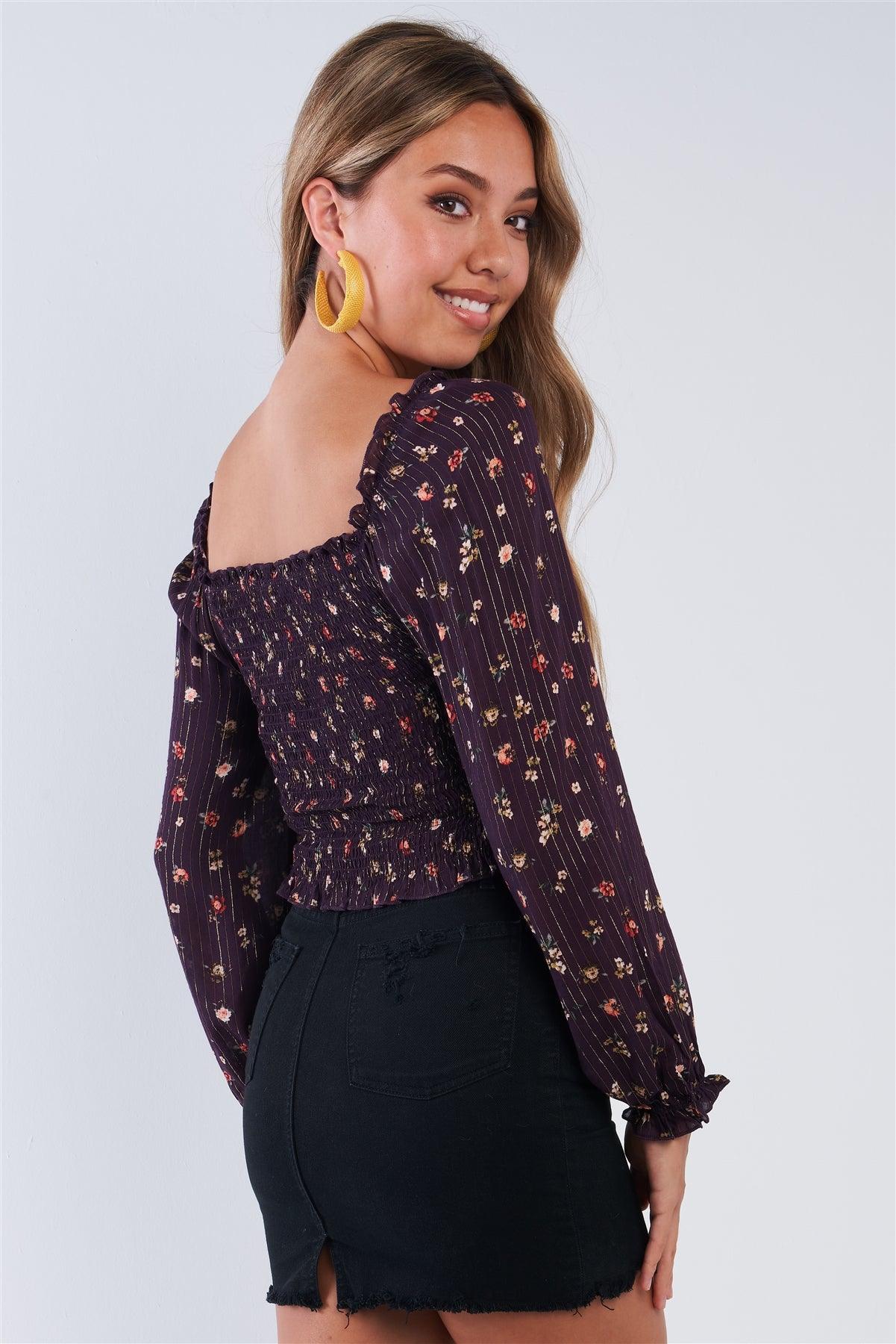 Plum Purple Long Sleeve Square Neck Gold Pin Stripped Floral Print Crop Top