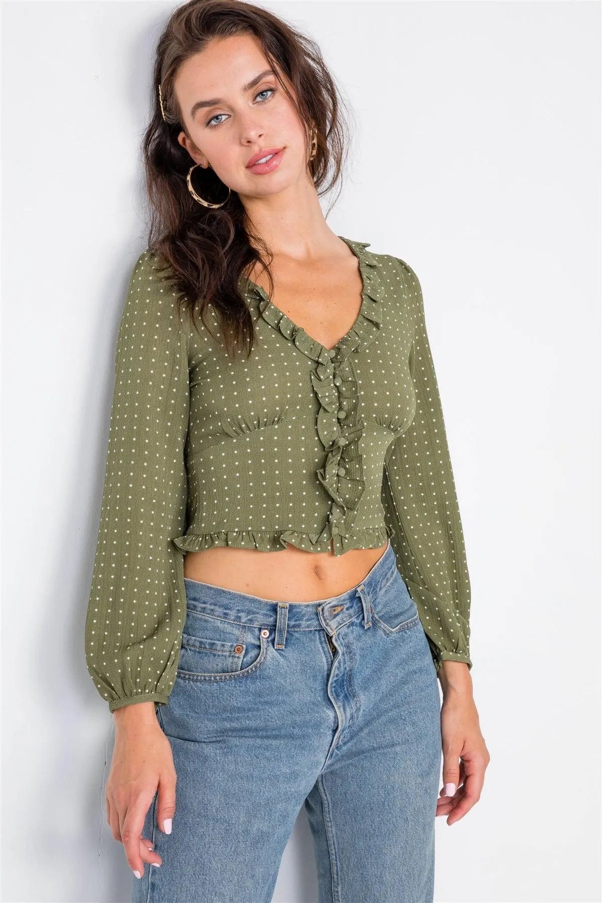 Olive Flounce Polkadot Crop Top /2-2-2 - Tasha Apparel Wholesale
