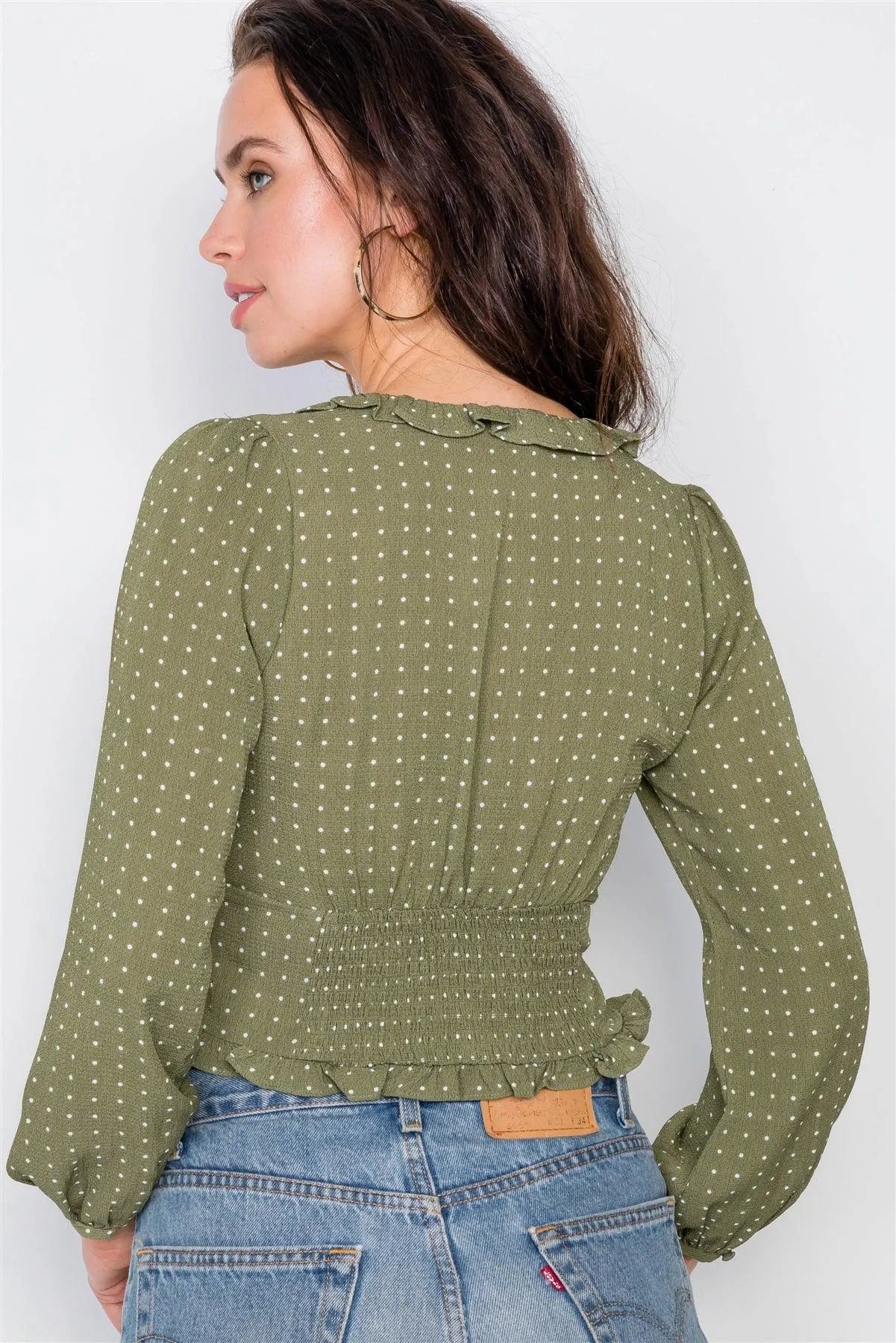 Olive Flounce Polkadot Crop Top /2-2-2 - Tasha Apparel Wholesale