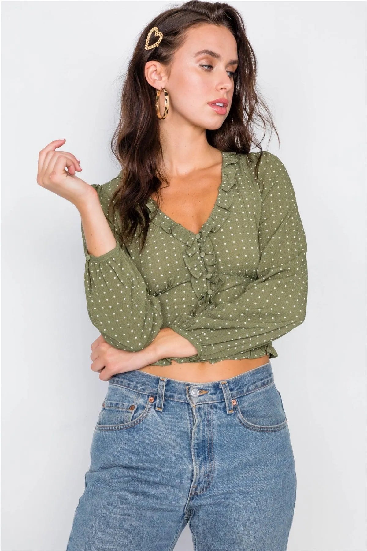 Olive Flounce Polkadot Crop Top /2-2-2 - Tasha Apparel Wholesale