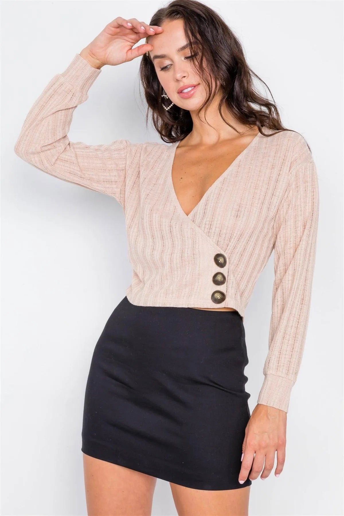 Taupe Wrap Long Sleeve Top /2-2-2 - Tasha Apparel Wholesale