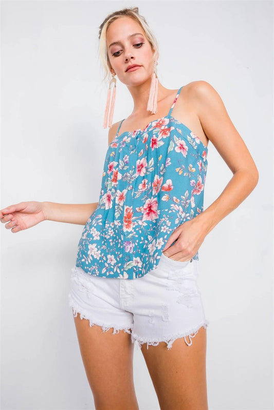 Blue Vintage Boho Floral U-Shape Hem Cami Top /2-2-2 - Tasha Apparel Wholesale