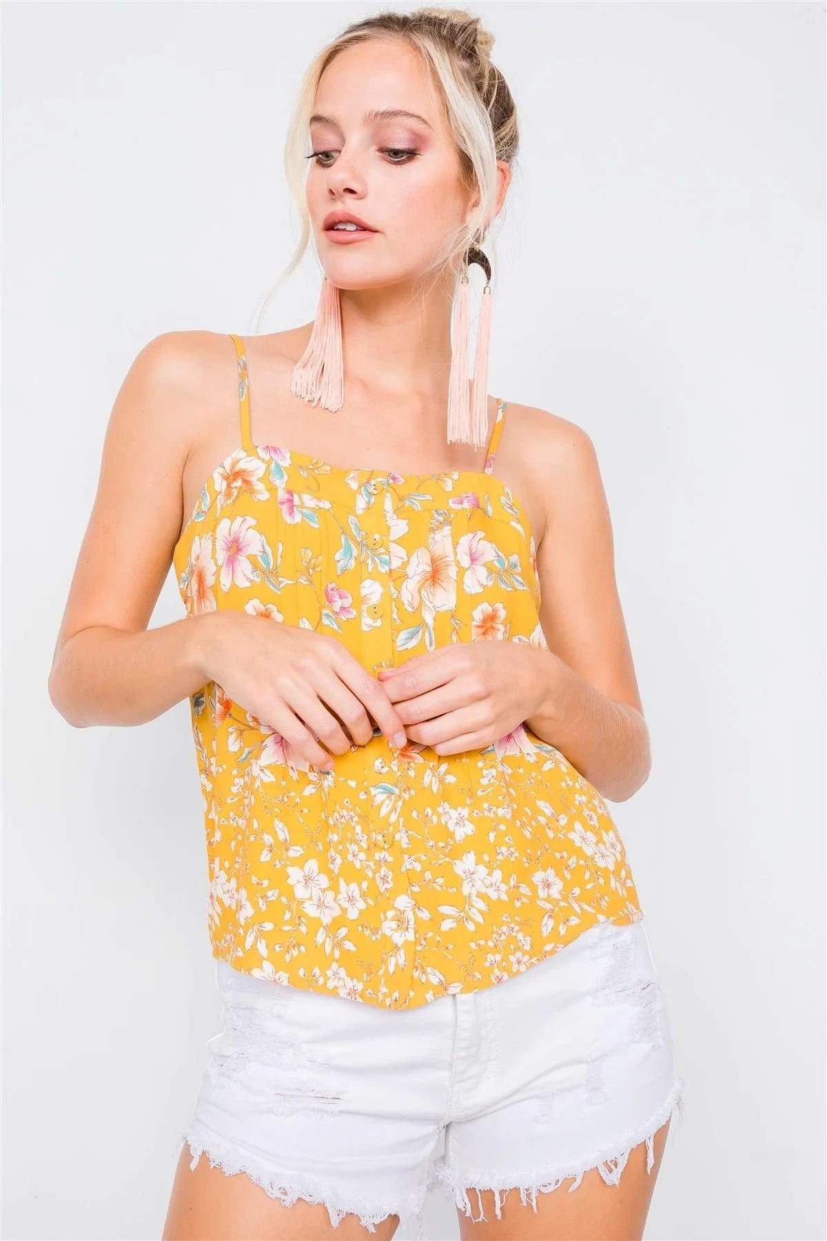 Yellow Vintage Boho Floral U-Shape Hem Cami Top /2-2-2 - Tasha Apparel Wholesale