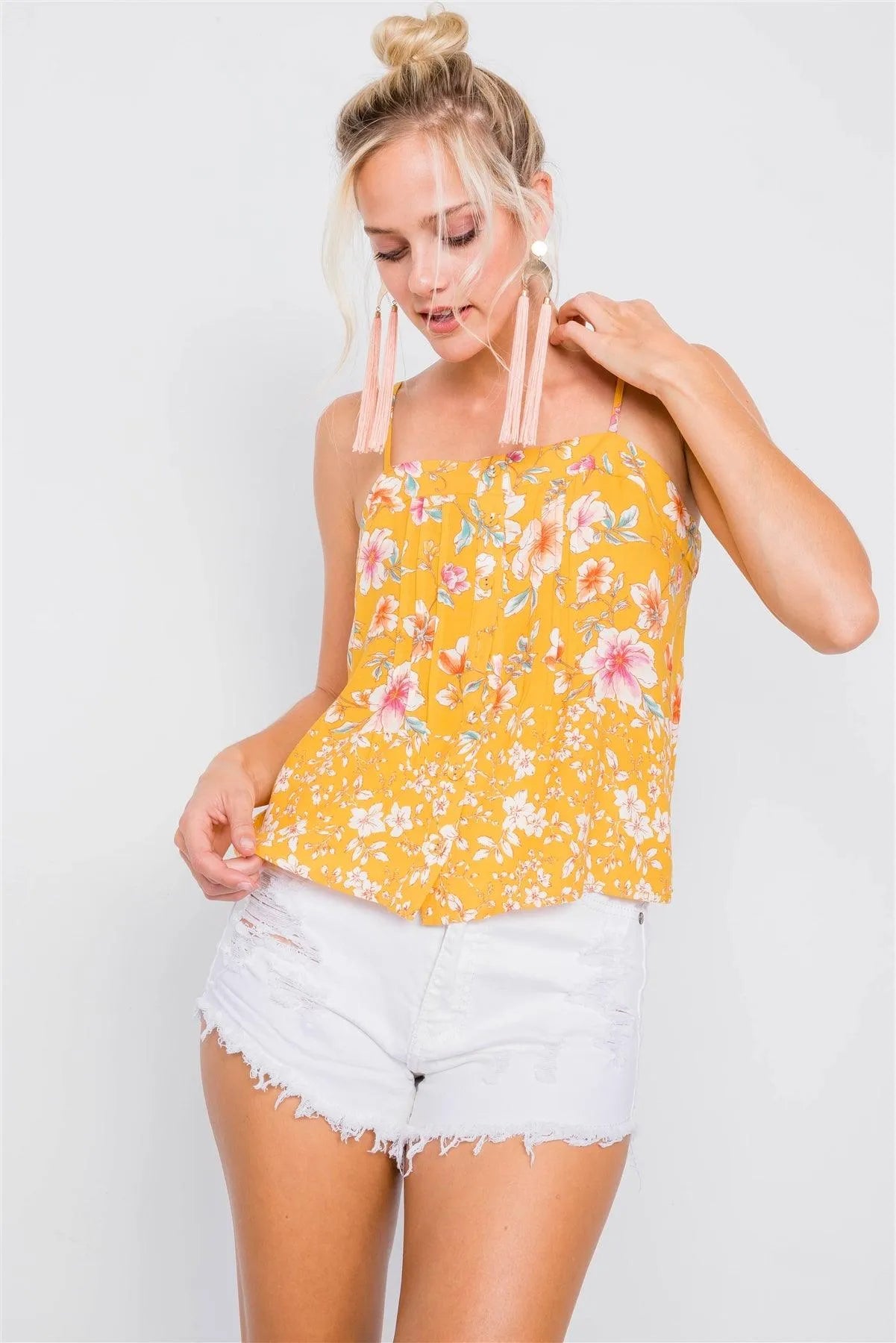 Yellow Vintage Boho Floral U-Shape Hem Cami Top /3-2-2 - Tasha Apparel Wholesale
