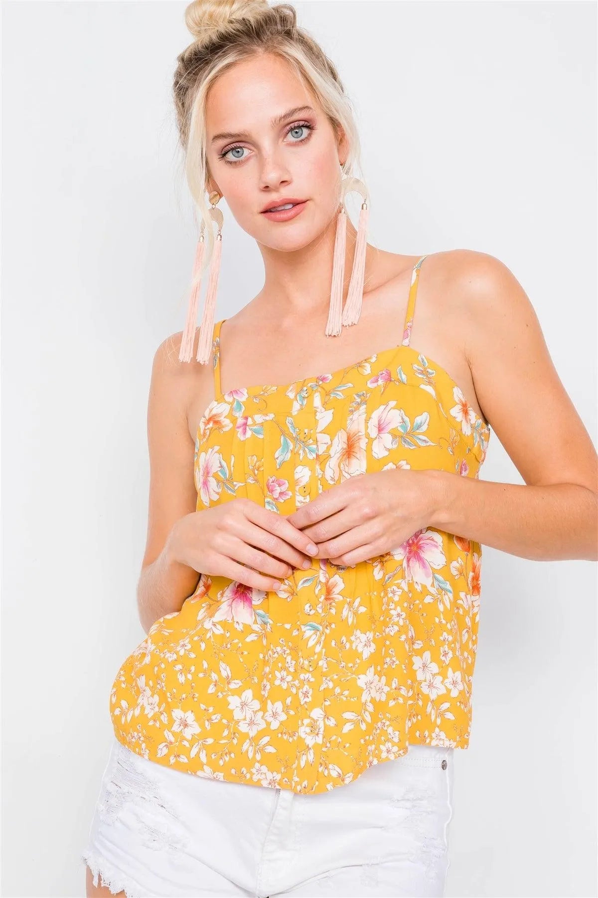 Yellow Vintage Boho Floral U-Shape Hem Cami Top /3-2-2 - Tasha Apparel Wholesale