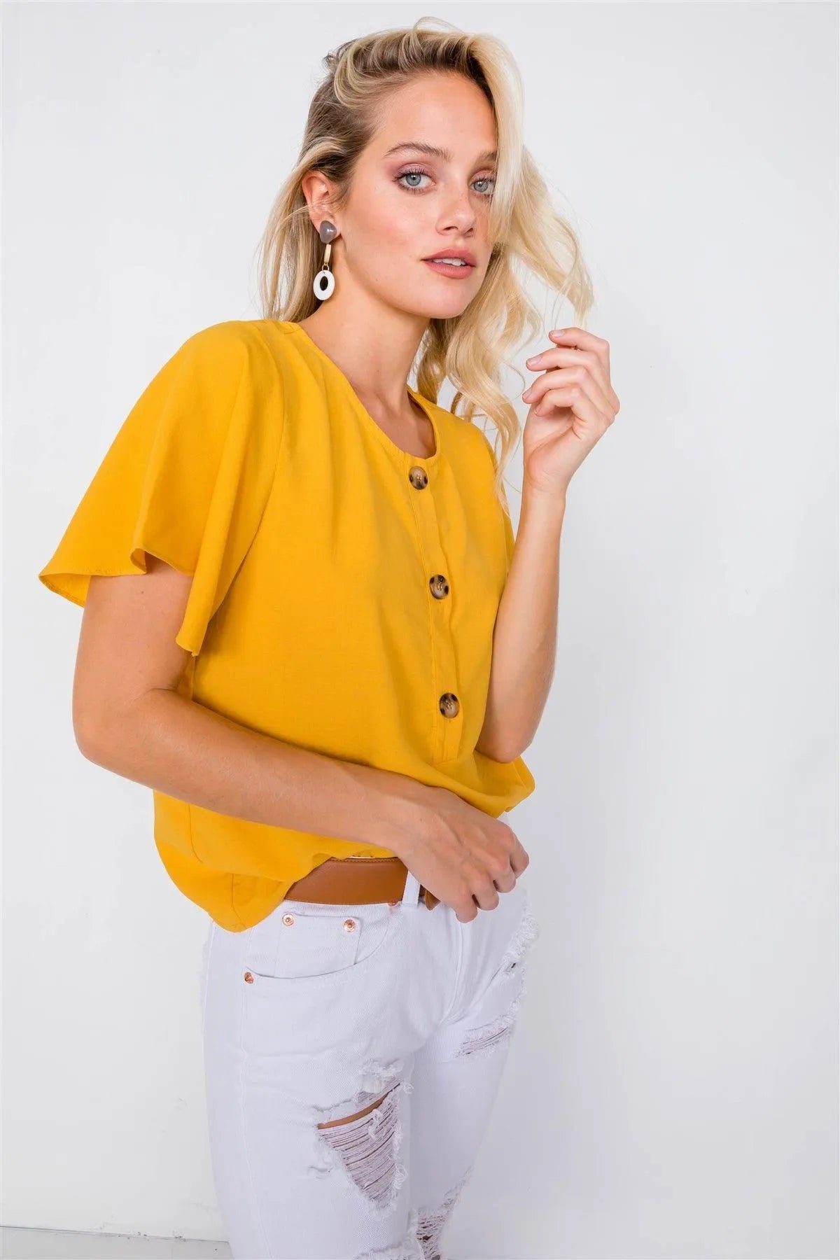 Mustard Round Neck Office Chic Butterfly Sleeve Chic Top /2-2-2 - Tasha Apparel Wholesale