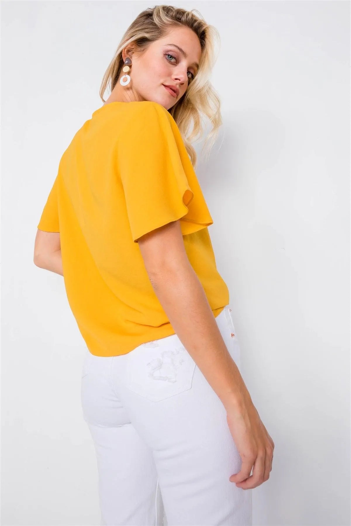 Mustard Round Neck Office Chic Butterfly Sleeve Chic Top /2-2-2 - Tasha Apparel Wholesale