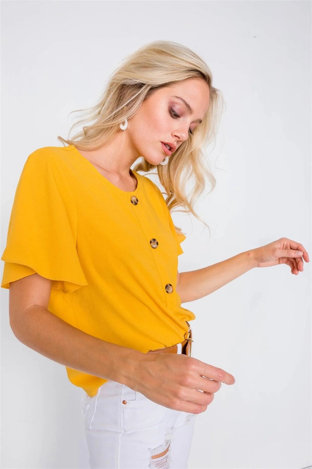 Mustard Round Neck Office Chic Butterfly Sleeve Chic Top /2-2-2 - Tasha Apparel Wholesale