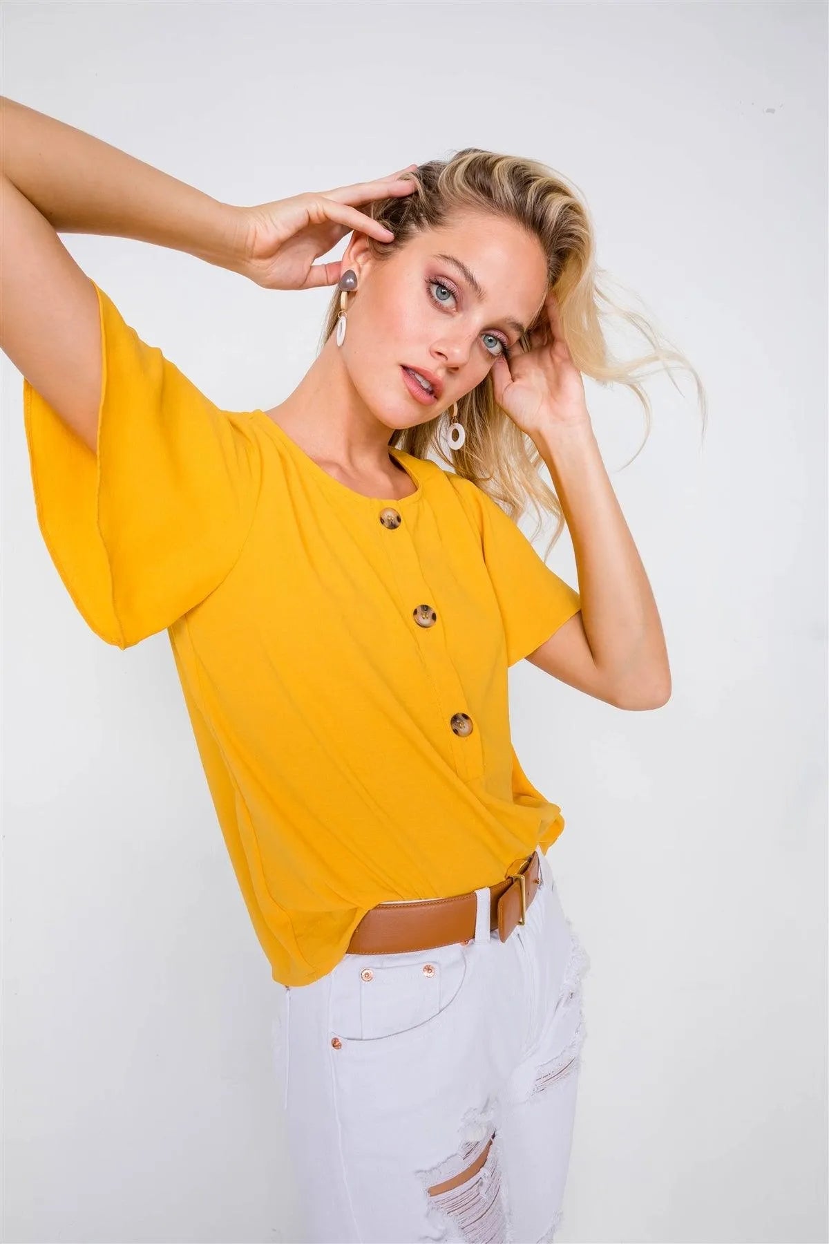 Mustard Round Neck Office Chic Butterfly Sleeve Chic Top /2-2-2 - Tasha Apparel Wholesale