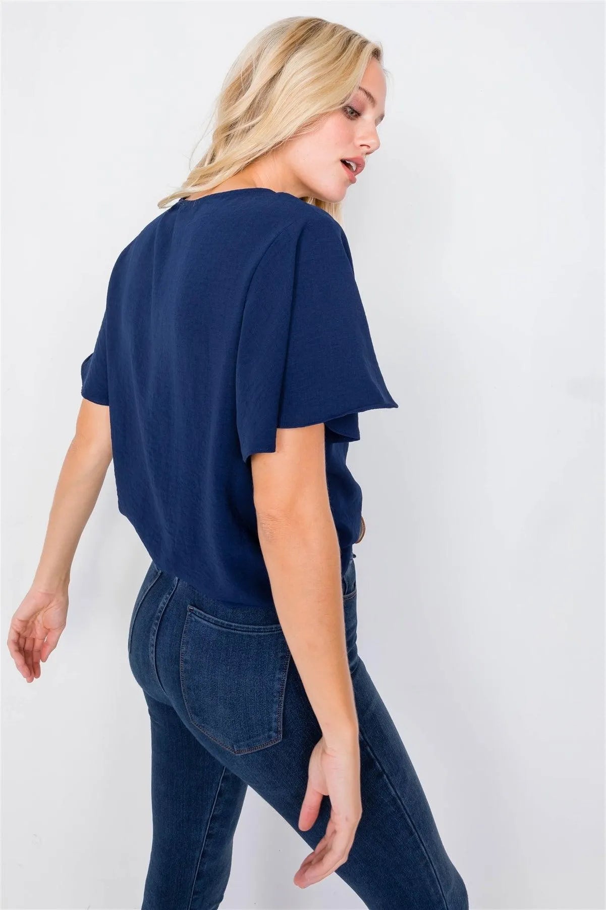 Navy Round Neck Office Chic Butterfly Sleeve Chic Top /2-2-2 - Tasha Apparel Wholesale