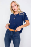 Navy Round Neck Office Chic Butterfly Sleeve Chic Top /3-2-2