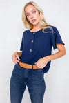 Navy Round Neck Office Chic Butterfly Sleeve Chic Top /3-2-2 - Tasha Apparel Wholesale