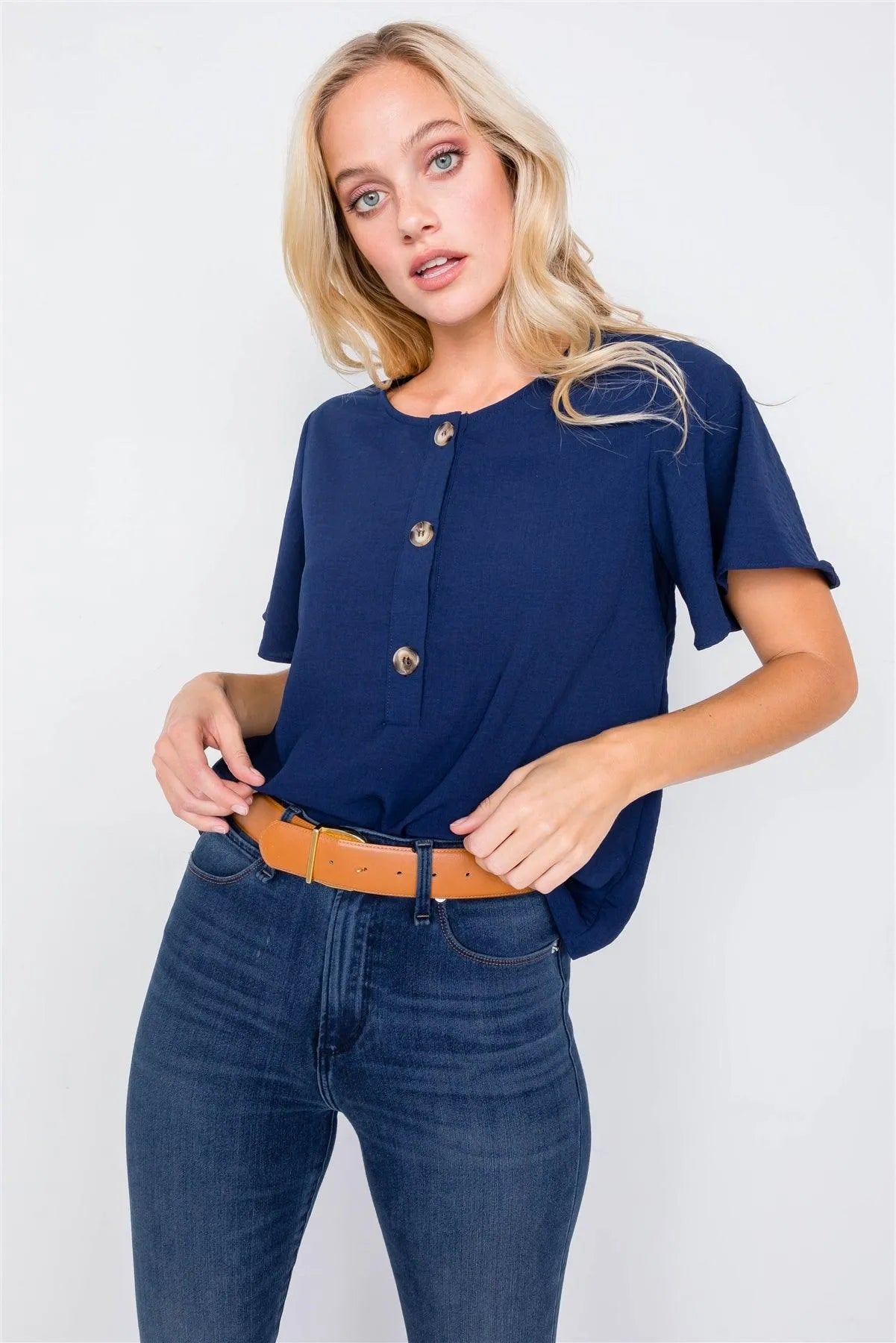 Navy Round Neck Office Chic Butterfly Sleeve Chic Top /3-2-2 - Tasha Apparel Wholesale