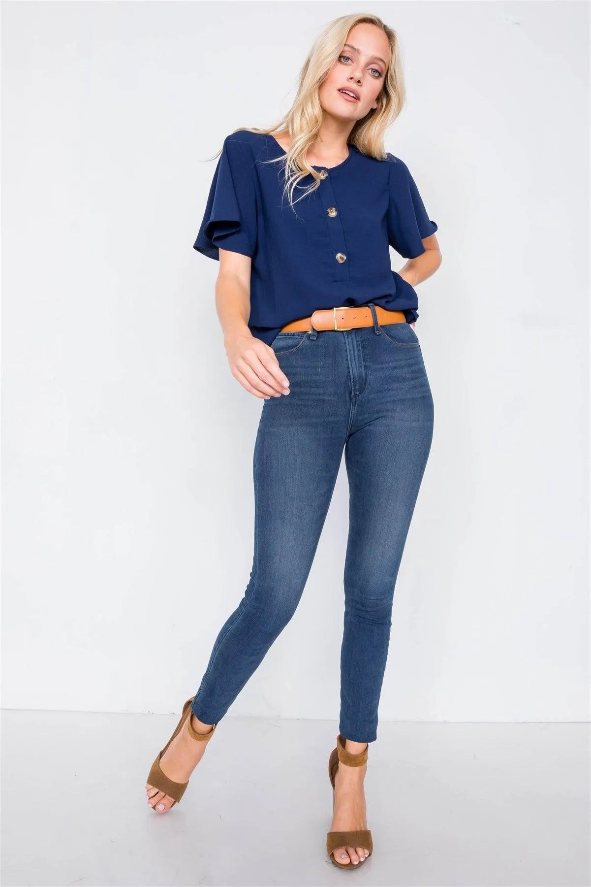 Navy Round Neck Office Chic Butterfly Sleeve Chic Top /3-2-2 - Tasha Apparel Wholesale