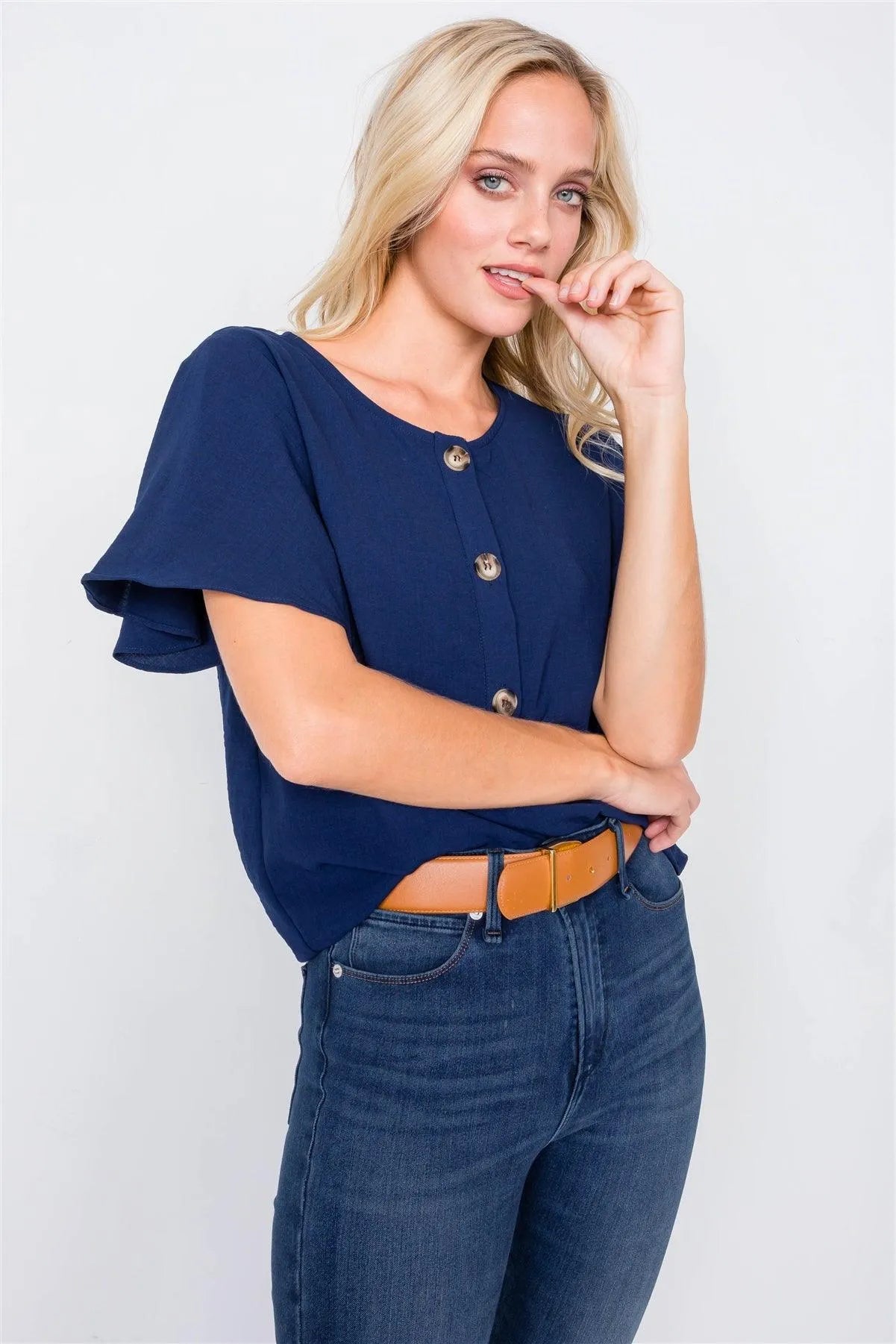 Navy Round Neck Office Chic Butterfly Sleeve Chic Top /3-2-2 - Tasha Apparel Wholesale