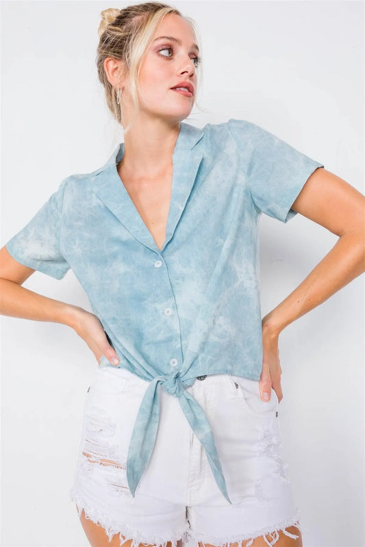 Blue V-Neck Front Knot Short Sleeve Tie Dye Crop Top /2-2-2 - Tasha Apparel Wholesale