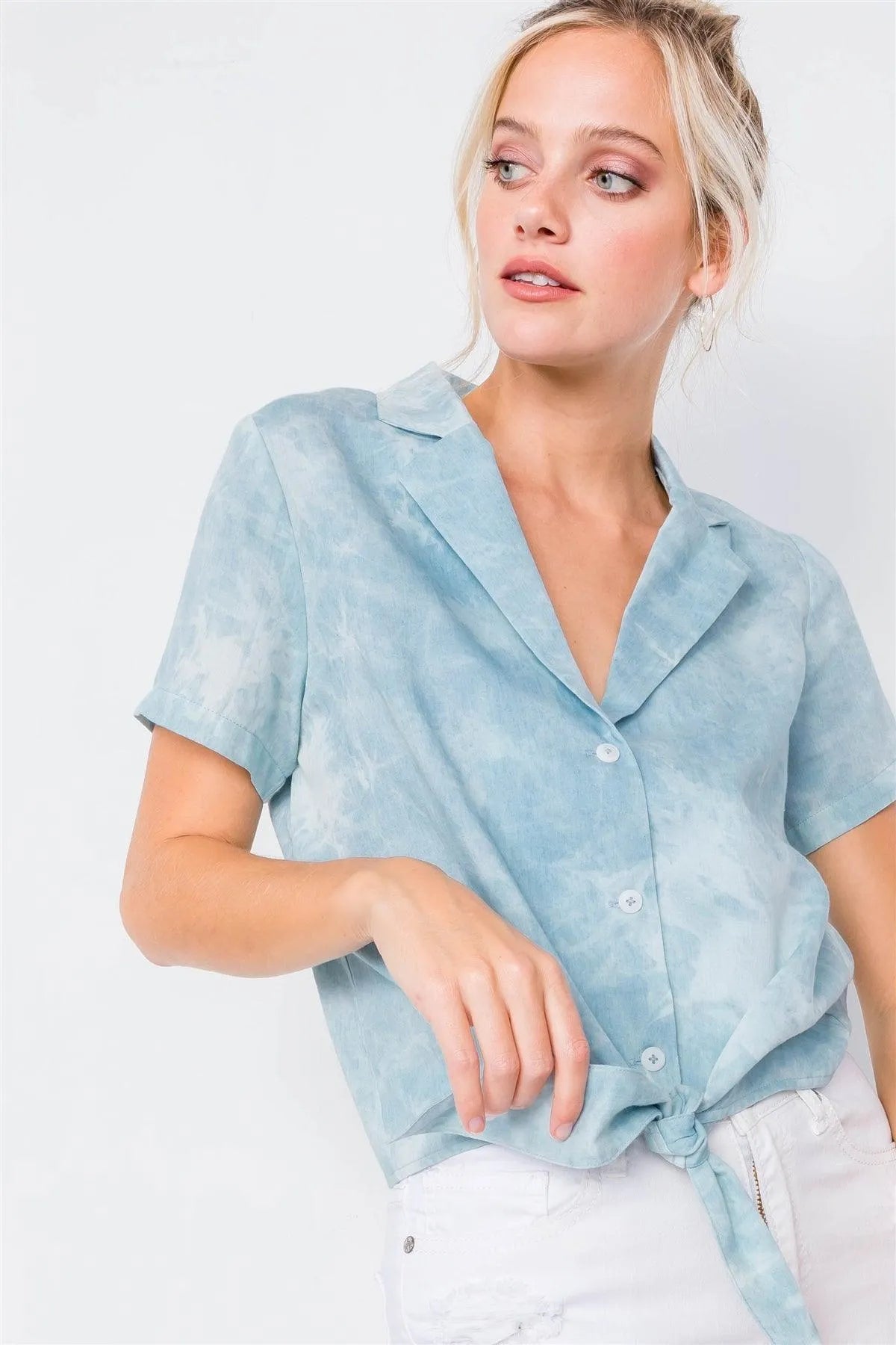 Blue V-Neck Front Knot Short Sleeve Crop Top /3-2-2 - Tasha Apparel Wholesale
