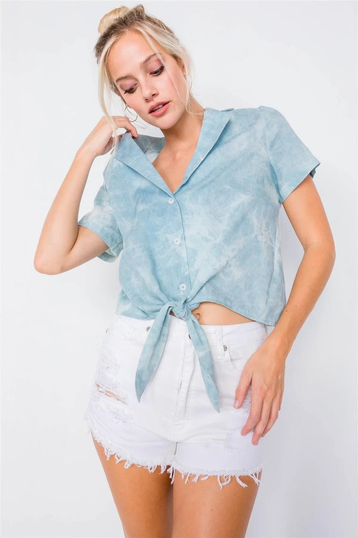 Blue V-Neck Front Knot Short Sleeve Crop Top /3-2-2 - Tasha Apparel Wholesale