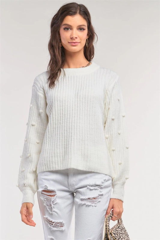 Cozy White Crew Neckline Long Beads Detail Ballon Sleeve Sweater /2-2-2 - Tasha Apparel Wholesale