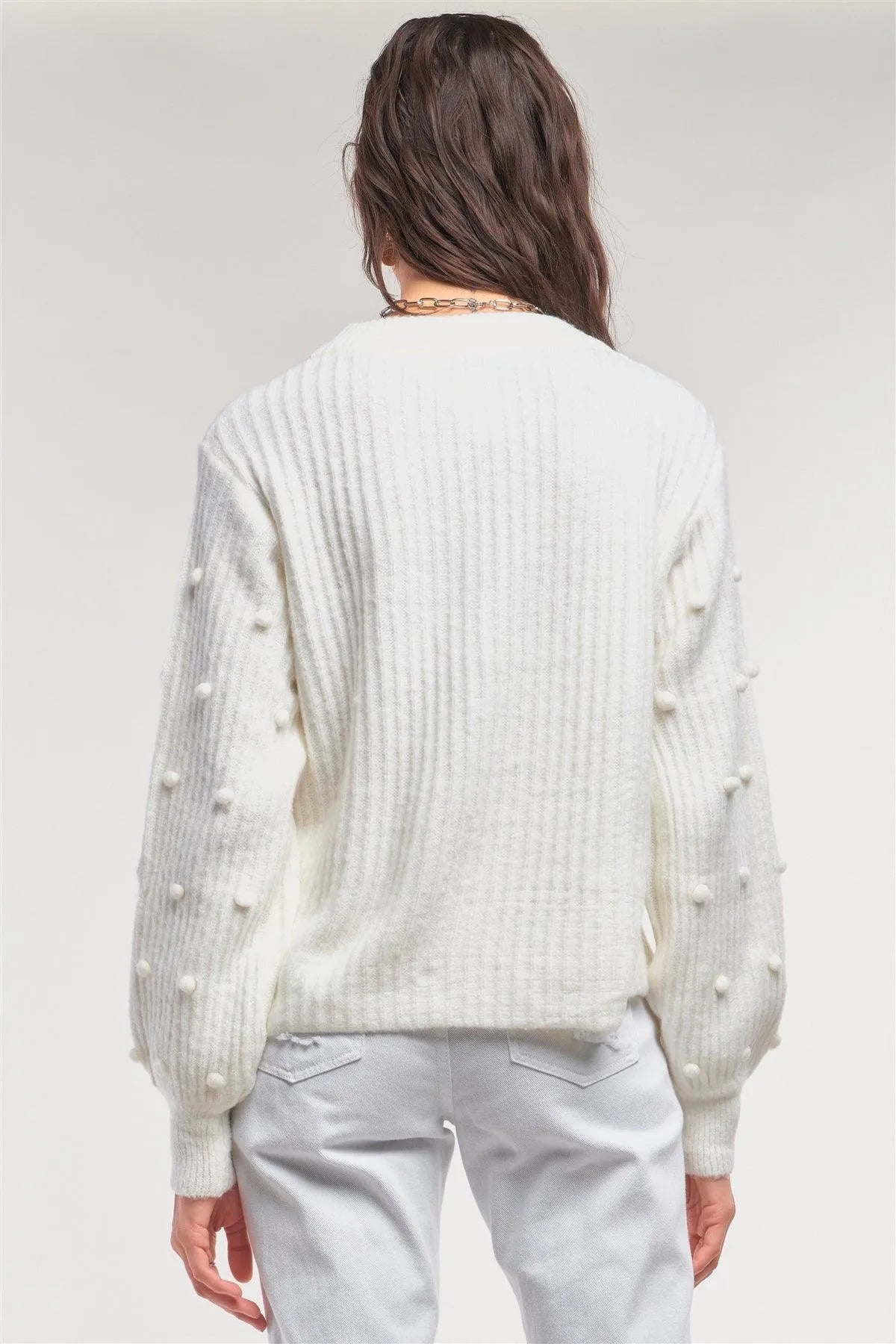 Cozy White Crew Neckline Long Beads Detail Ballon Sleeve Sweater /2-2-2 - Tasha Apparel Wholesale